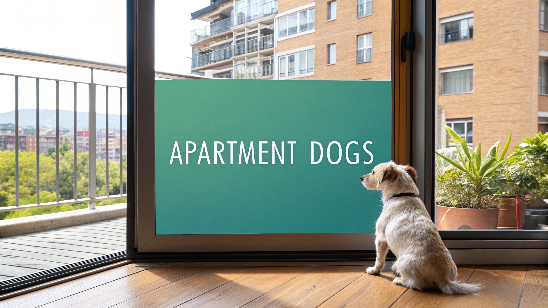 A small white dog with brown spots sits on a wooden floor by a glass door, looking outside at apartment buildings and greenery. A teal sign on the door reads "APARTMENT DOGS.