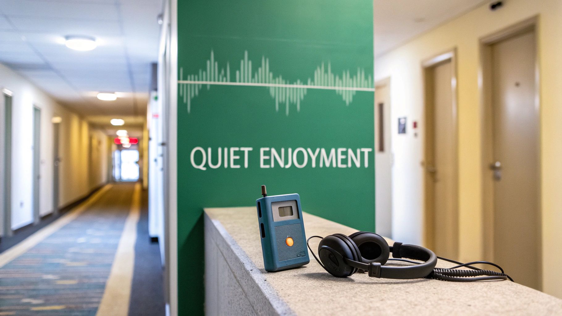 A blue audio device and black headphones rest on a ledge in a hallway next to a green wall with a soundwave graphic and the words “QUIET ENJOYMENT.” Several closed doors line the hallway.
