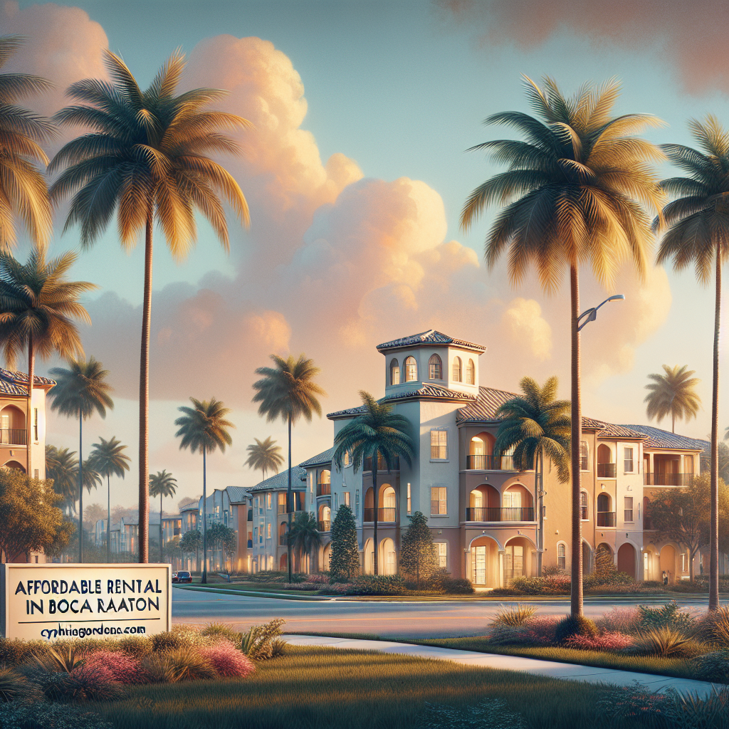 A sunny street in Boca Raton lined with palm trees and Mediterranean-style apartment buildings. A sign in the foreground reads, "Affordable rental in Boca Raton cynthiagordon.com.