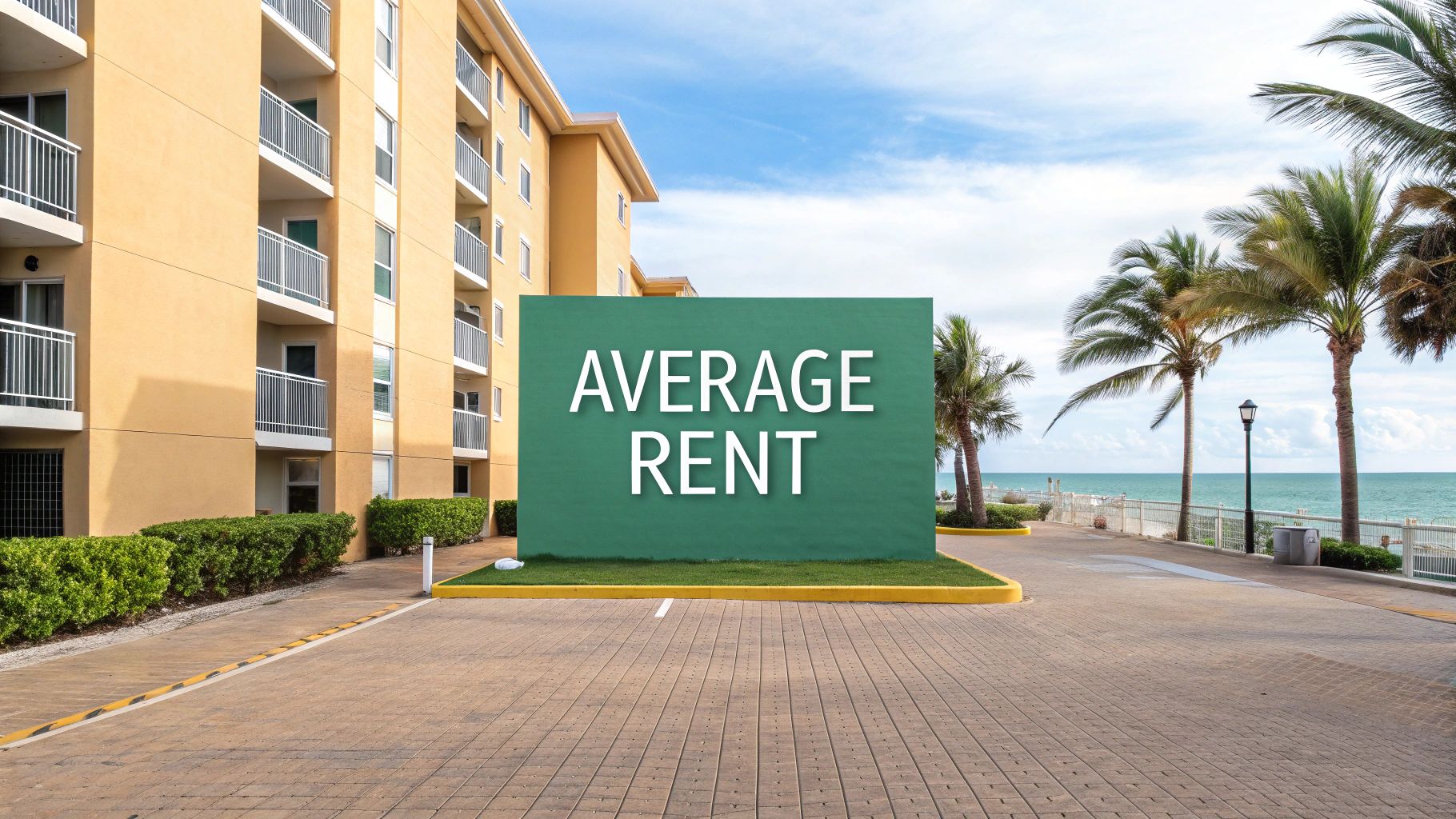A green sign with the words "AVERAGE RENT" stands outside a modern apartment building near the beach, with palm trees and the ocean visible under a partly cloudy sky.