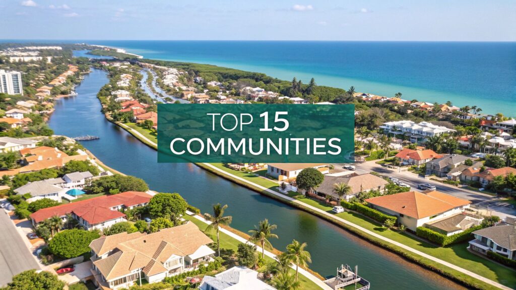 Aerial view of a coastal residential neighborhood with canals, palm trees, and homes near the ocean, featuring the text "Top 15 Communities" in bold white letters over a green banner in the center.