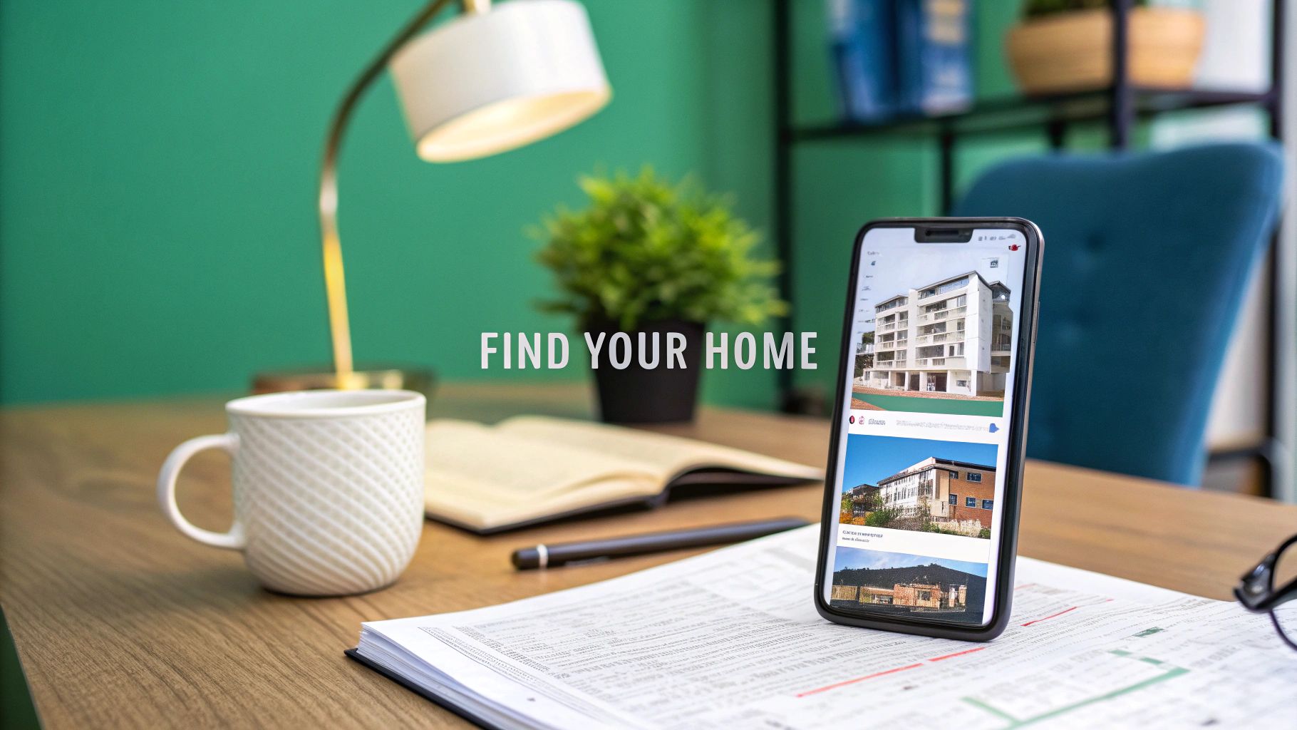 A smartphone displaying real estate listings stands on documents beside a coffee mug, pen, and open book on a desk with a lamp and plant. The words "FIND YOUR HOME" appear across the image.