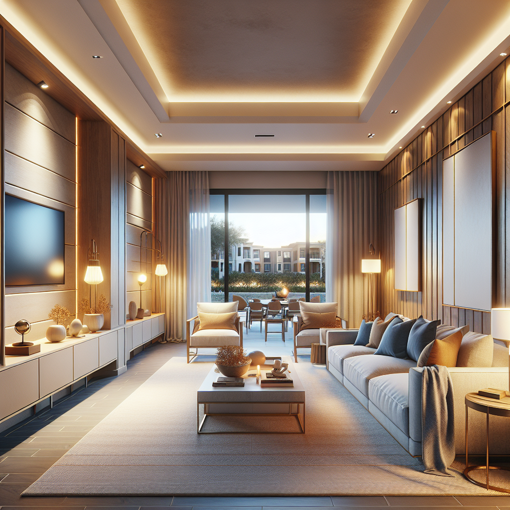 A modern, elegant living room with a large sofa, coffee table, soft lighting, and floor-to-ceiling windows overlooking a landscaped outdoor area with buildings in the background. Neutral colors and stylish decor create a cozy atmosphere.