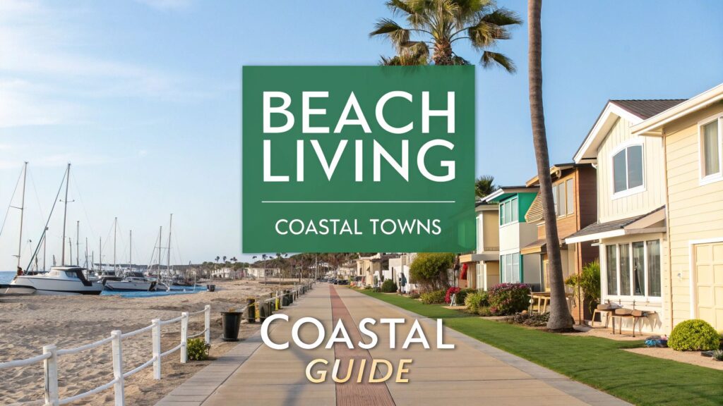 A sunny coastal walkway lined with palm trees, colorful houses, and docked sailboats along the beach. The text reads, "Beach Living Coastal Towns Coastal Guide.