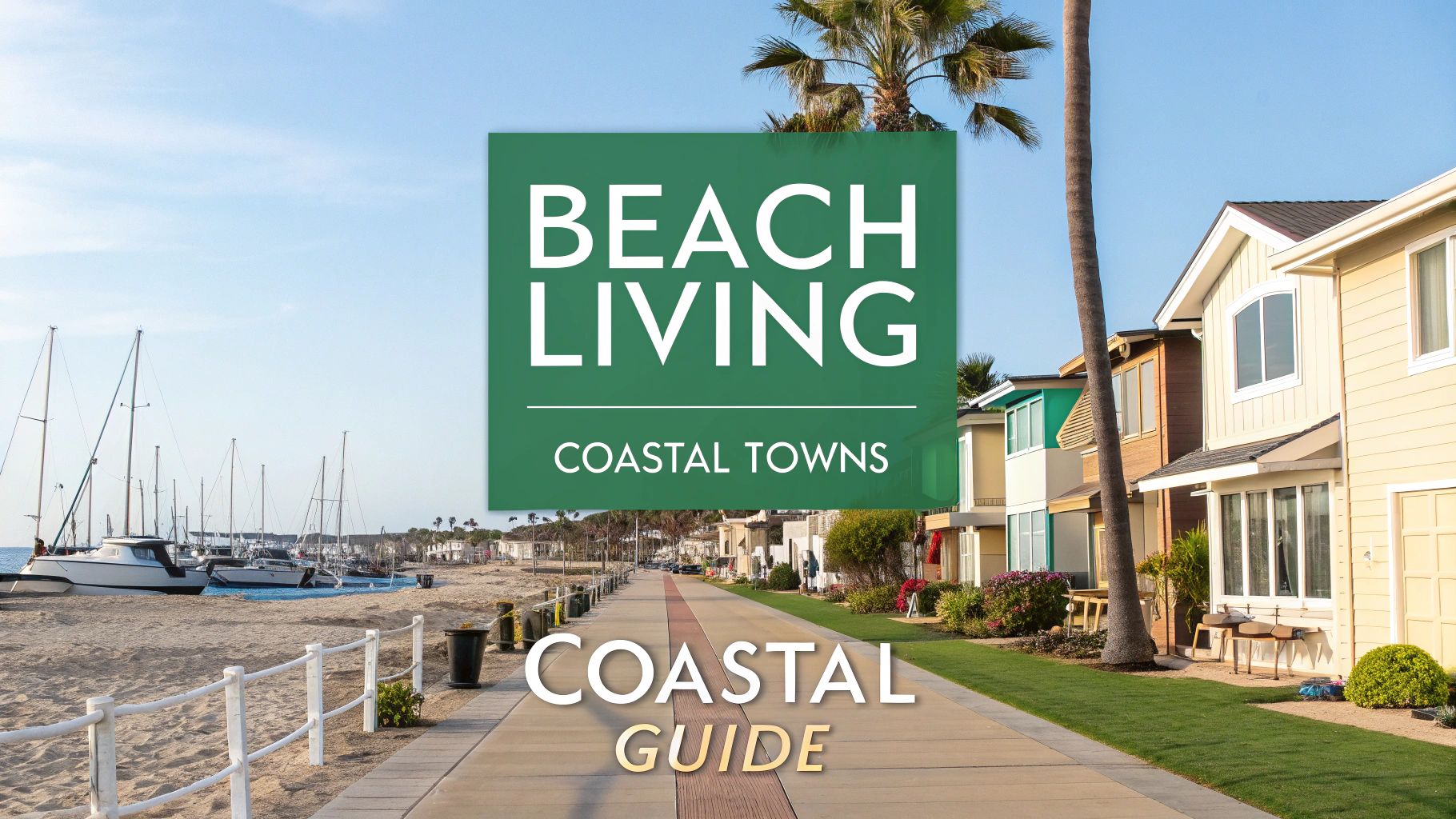 A sunny coastal walkway lined with palm trees, colorful houses, and docked sailboats along the beach. The text reads, "Beach Living Coastal Towns Coastal Guide.