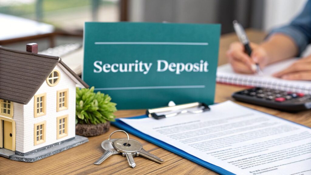 A desk displays a small model house, keys, a clipboard with papers, a plant, and a sign reading "Security Deposit." In the background, a person is writing in a notebook and using a calculator.