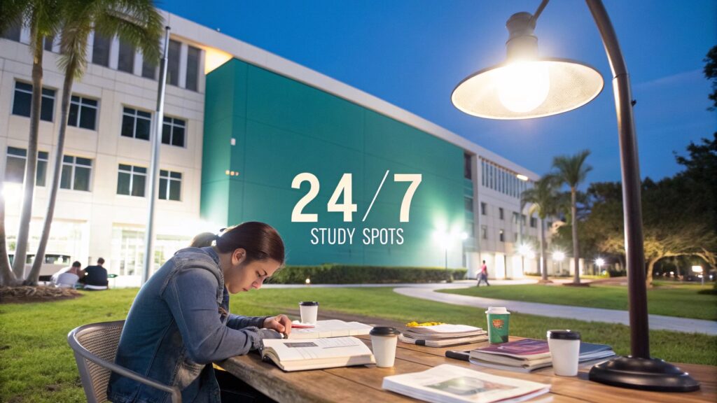 A student studies at an outdoor table with books and coffee at night. Behind her, a large, modern academic building is lit up, with "24/7 Study Spots" written prominently on its wall.