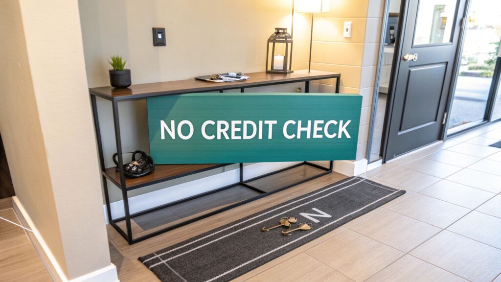A wooden console table in an entryway displays a green sign reading "NO CREDIT CHECK." Nearby are a small plant, lantern, phone, and keys on a mat marked with the letter "N.