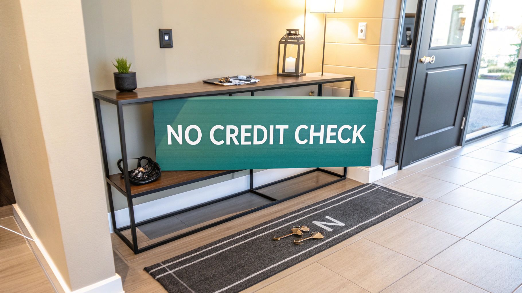 A wooden console table in an entryway displays a green sign reading "NO CREDIT CHECK." Nearby are a small plant, lantern, phone, and keys on a mat marked with the letter "N.