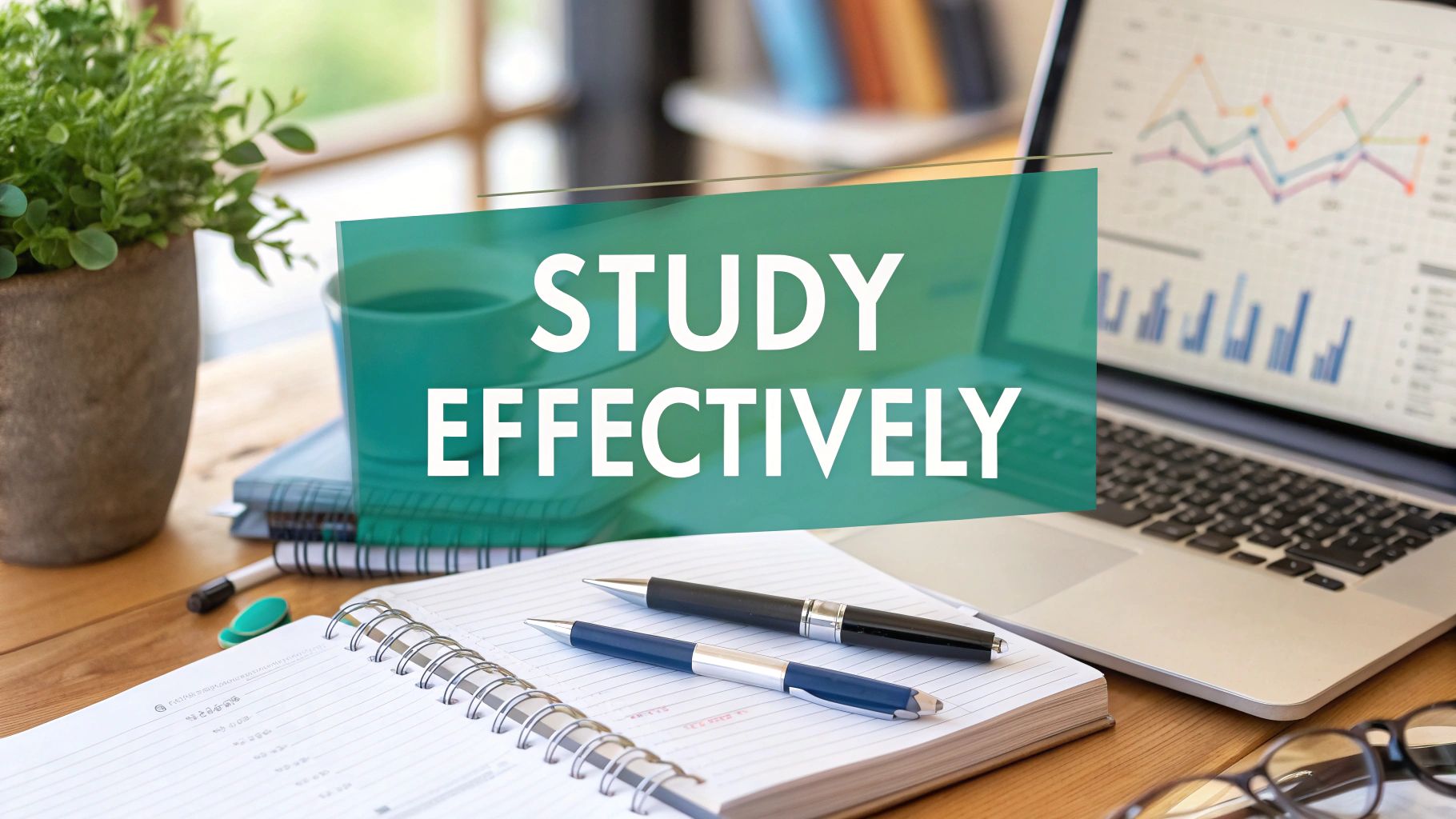 An open notebook with pens, a potted plant, and a laptop displaying charts on a wooden desk. The words "STUDY EFFECTIVELY" are overlaid in bold white text on a green rectangle.