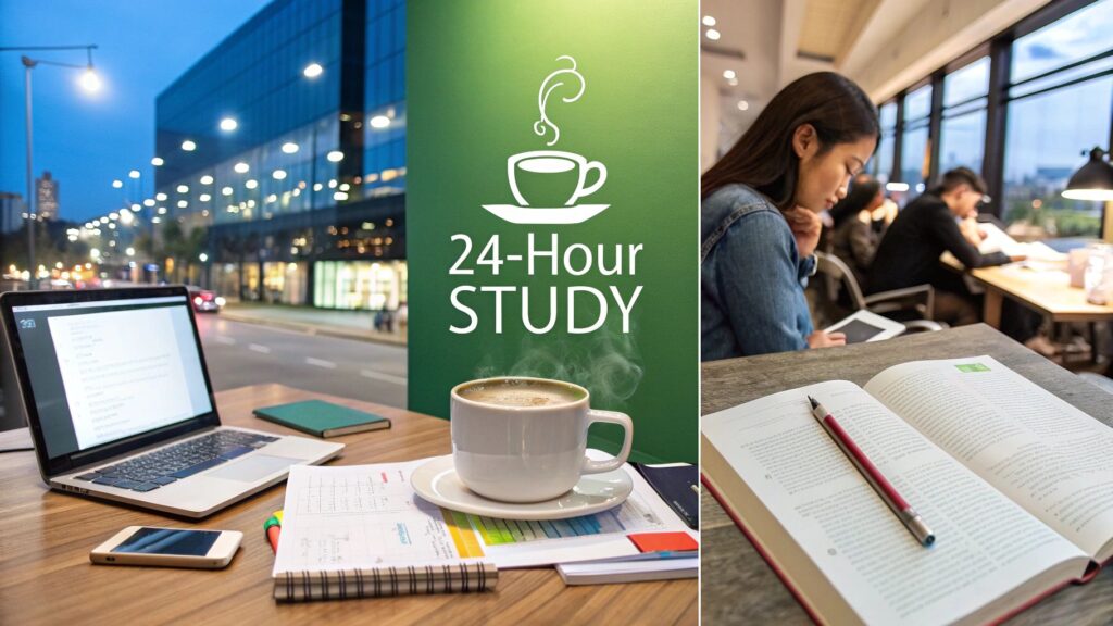 A split image: on the left, a laptop, coffee, and study materials on a desk by a window with city lights and a "24-Hour STUDY" sign; on the right, students studying at a long table indoors.