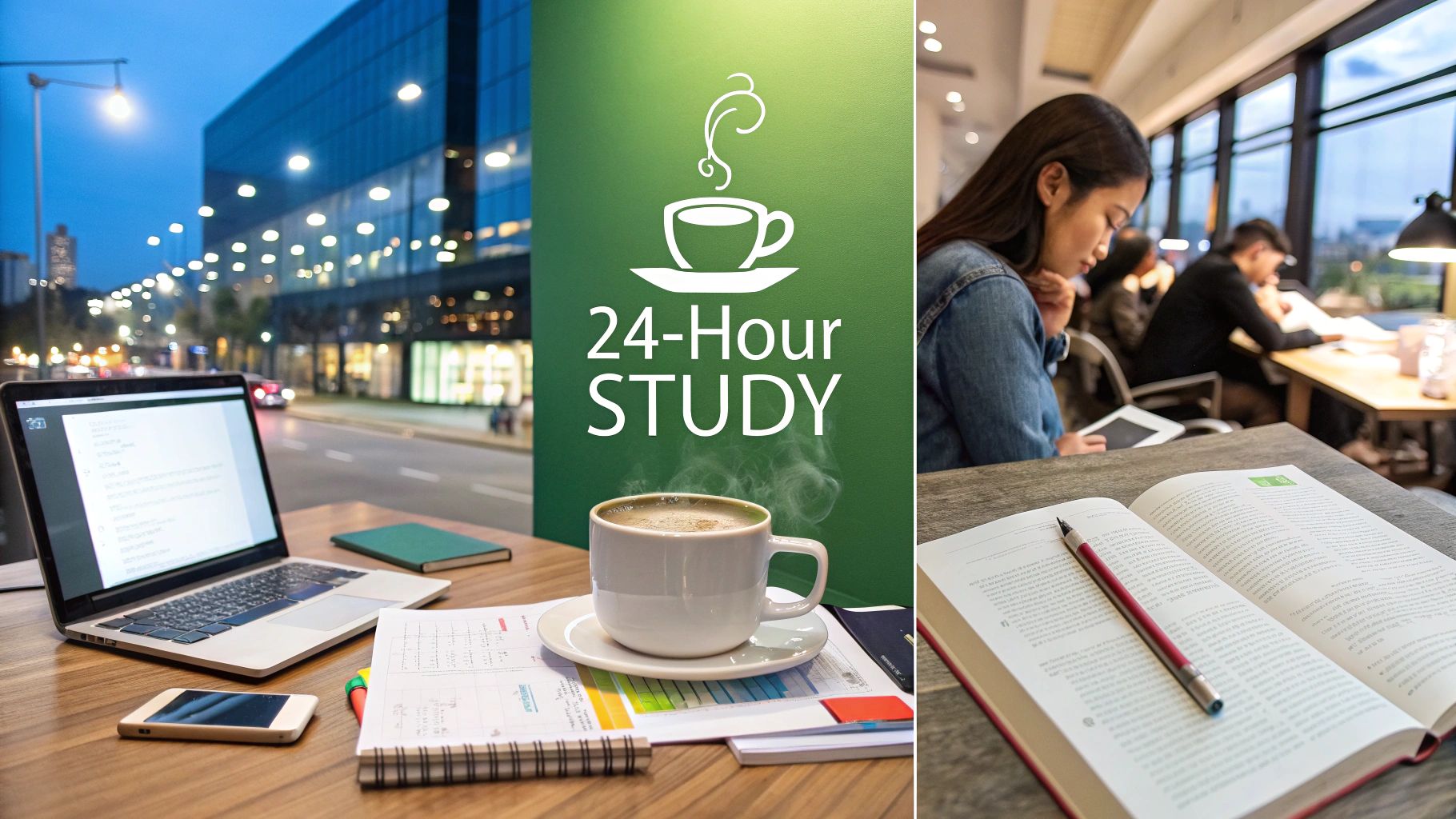 A split image: on the left, a laptop, coffee, and study materials on a desk by a window with city lights and a "24-Hour STUDY" sign; on the right, students studying at a long table indoors.