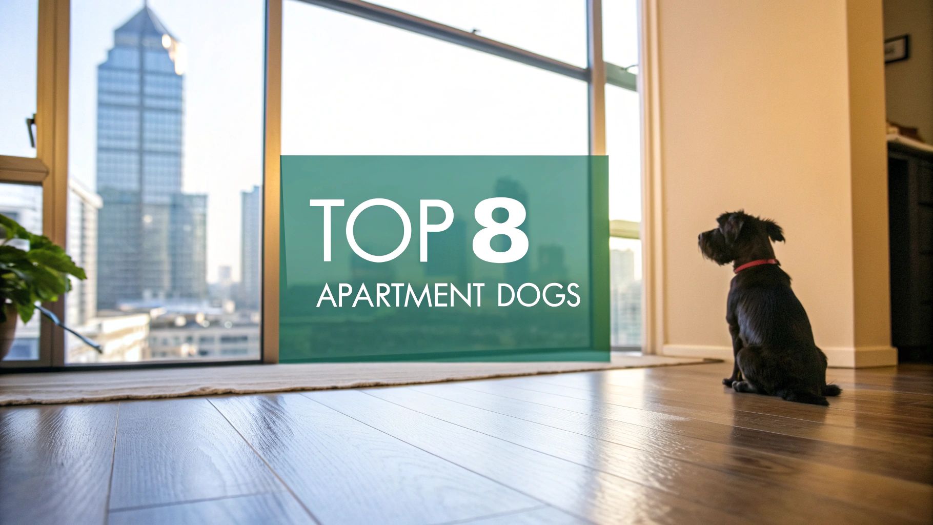 A small black dog wearing a red collar sits on a wooden floor, looking out large windows at a city skyline. Text in the center reads, "Top 8 Apartment Dogs.