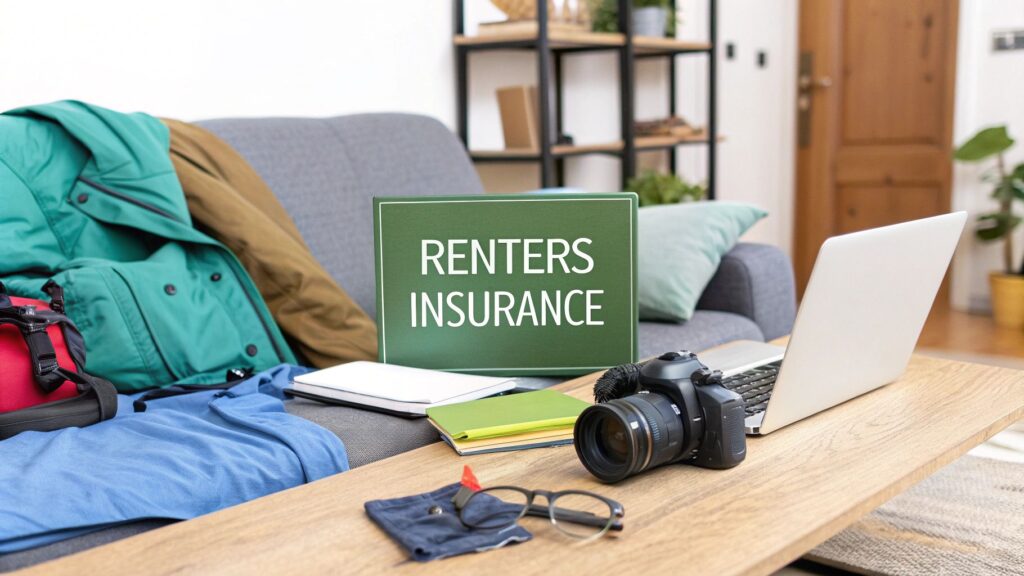 A living room with a couch, scattered clothes, a camera, laptop, notebook, and glasses on a coffee table. A green sign on the table reads "Renters Insurance.