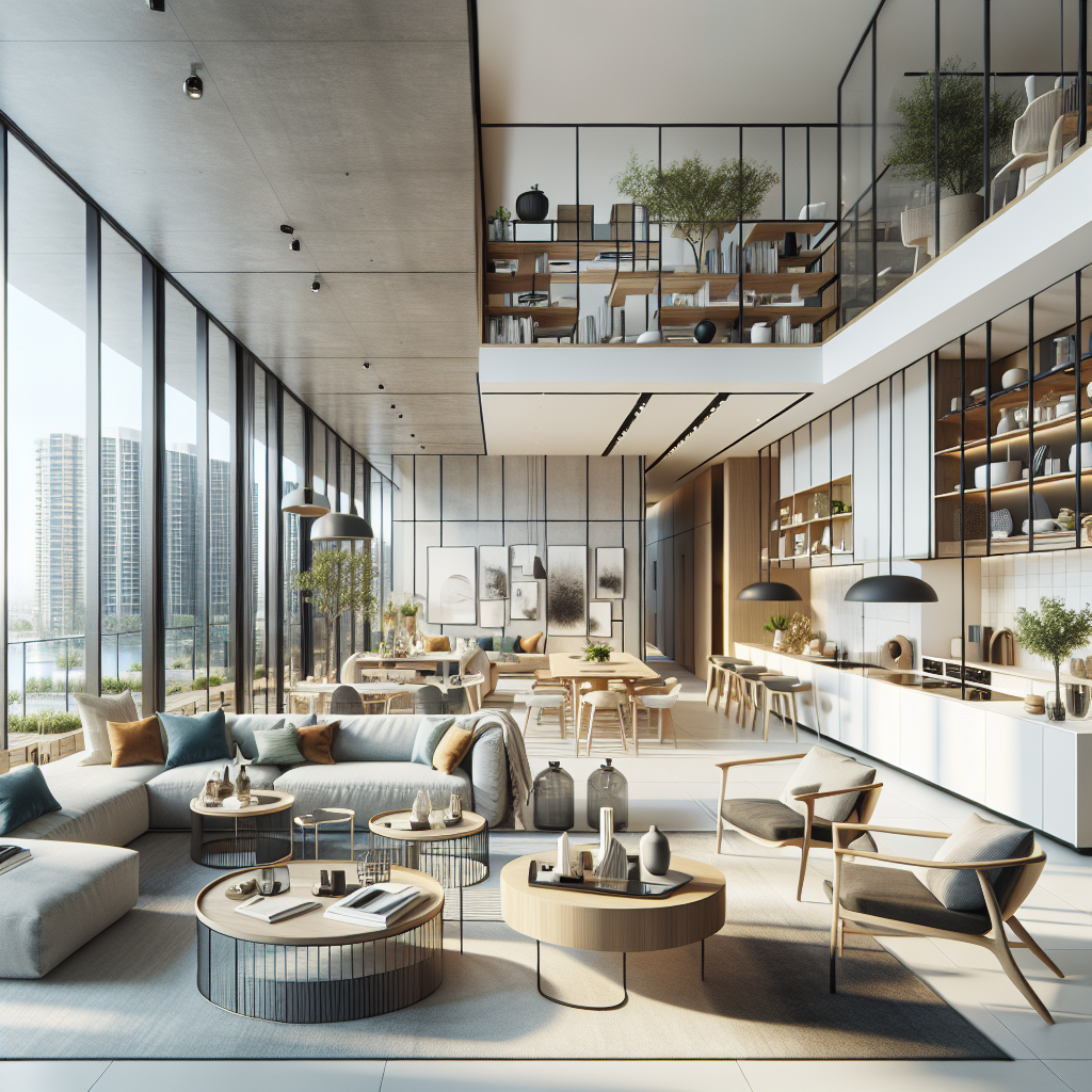 A modern, spacious loft with large windows, minimalist furniture, light wood accents, and an open mezzanine. The room features cozy seating areas, indoor plants, and cityscape views through the glass walls.