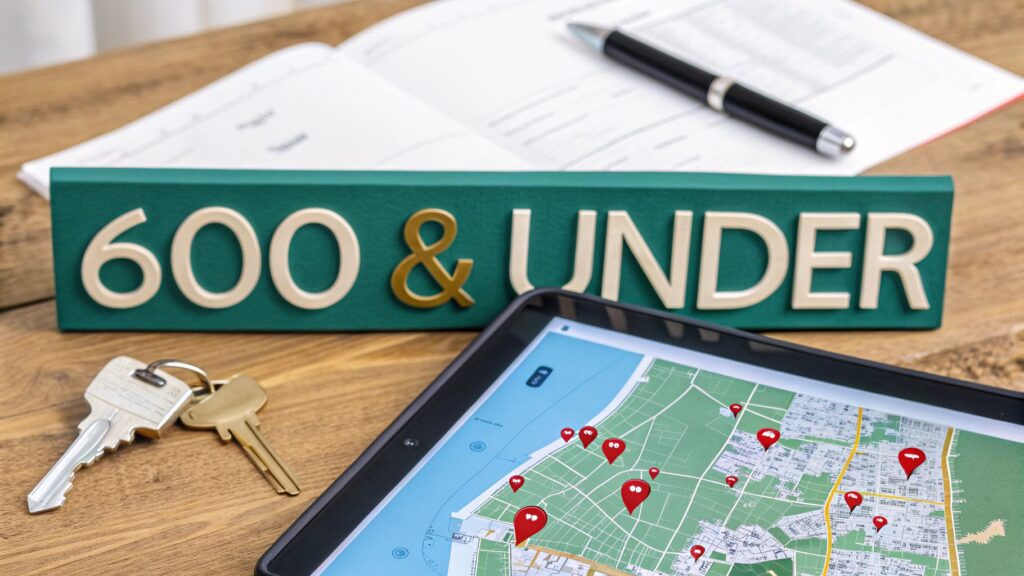 A sign reads "600 & UNDER" on a desk with house keys, a tablet displaying a map with location pins, and an open notebook with a pen, suggesting real estate or apartment hunting under $600.