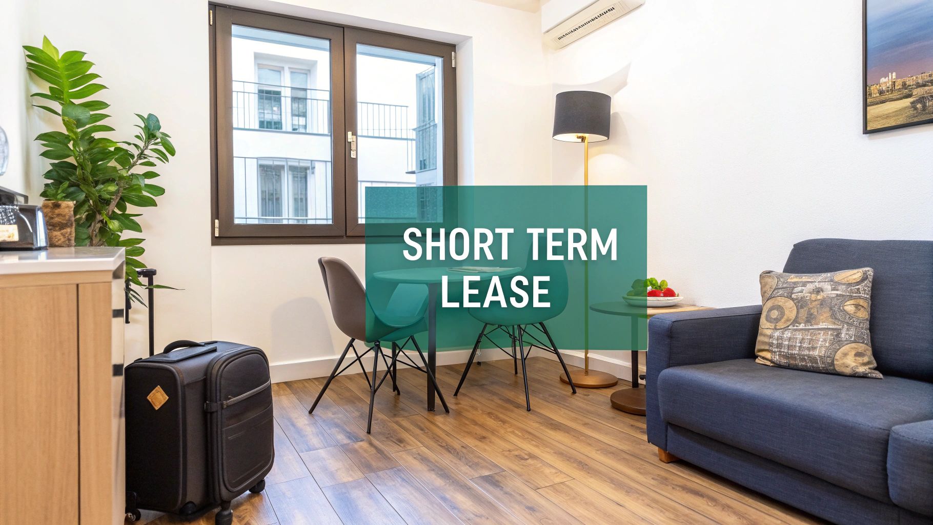 Modern, bright living space with wood floors, a blue sofa, small dining table with two chairs, large window, and suitcase; text on image reads "SHORT TERM LEASE.