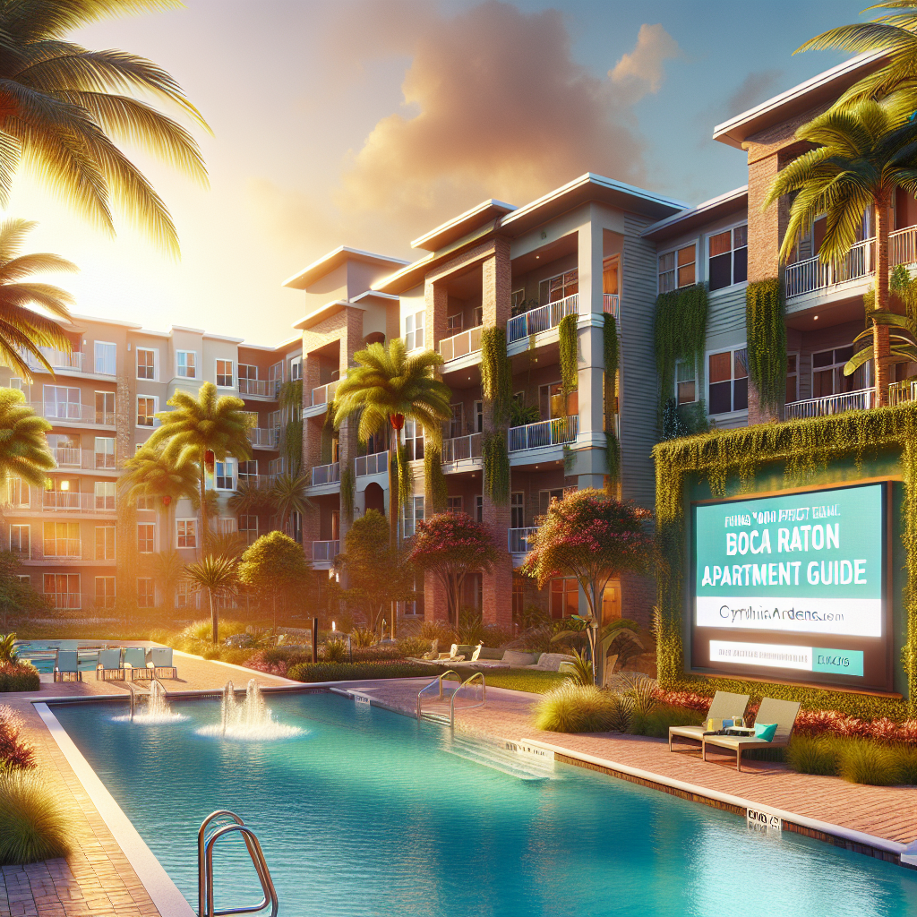 A modern apartment complex with palm trees, a swimming pool, lounge chairs, and a large billboard advertising the "Boca Raton Apartment Guide" at sunset. The atmosphere is warm and inviting.
