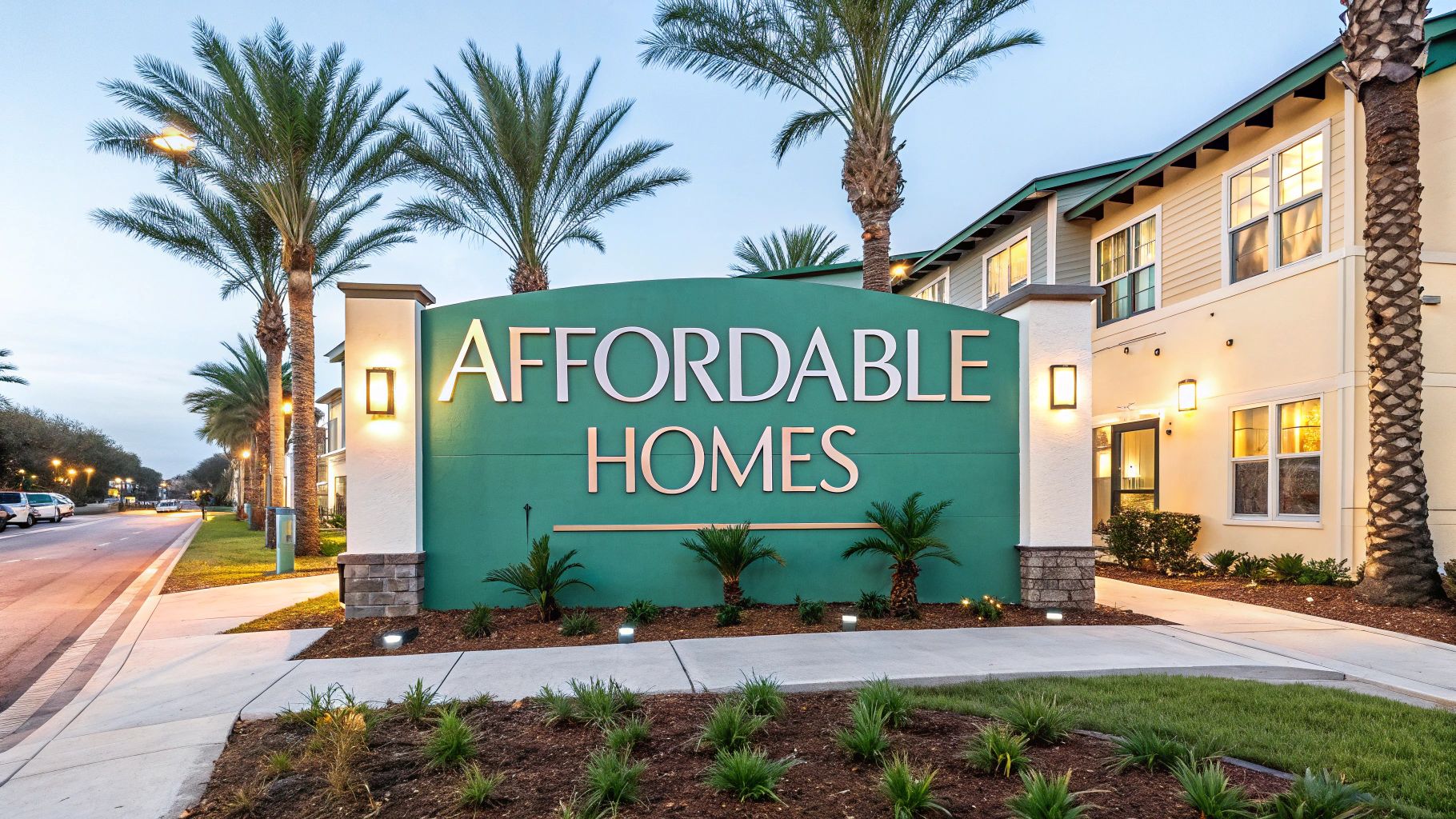 A large green sign reading "Affordable Homes" stands in front of a modern building with palm trees and landscaped greenery lining the sidewalk at dusk.