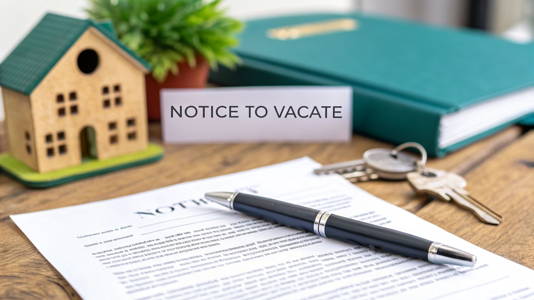A “Notice to Vacate” sign sits on a desk next to a small house model, a pen on a document, a plant, keys with a house-shaped keychain, and a green folder in the background.