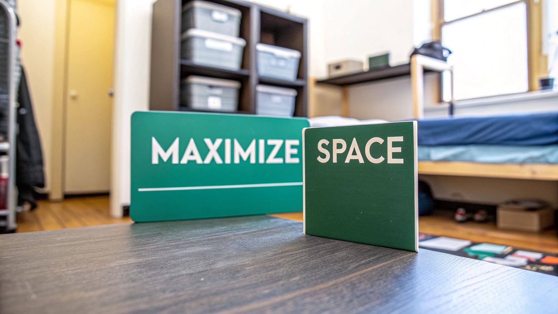 Two green signs on a table in a tidy bedroom read “MAXIMIZE” and “SPACE.” In the background are shelves with bins, a bed, and a window with natural light.