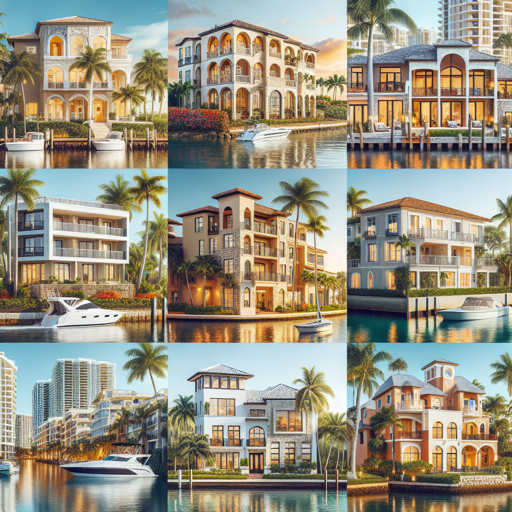 A collage of nine luxurious waterfront villas, each with large windows, balconies, palm trees, and private docks with boats, set against a bright, sunny sky and reflecting water.