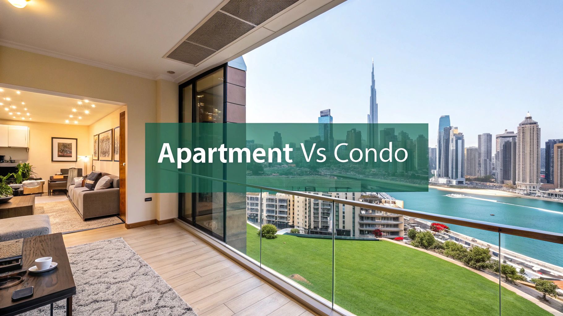 Modern open apartment with a view of a city skyline and waterfront. Text overlay reads “Apartment vs Condo.” Living room is bright with large windows and stylish furniture, opening to a balcony with glass railing.