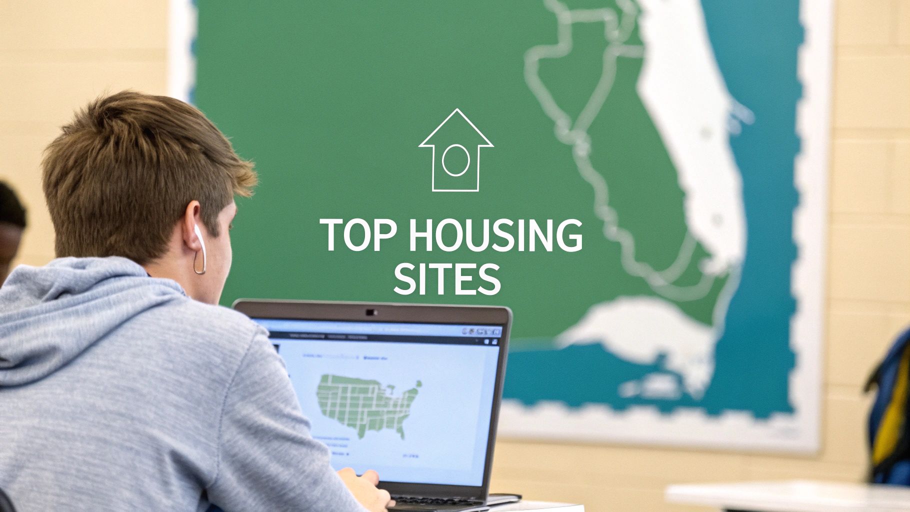 A student works on a laptop displaying a map of the USA, sitting in front of a green map of Florida on the wall. Text over the image reads "Top Housing Sites" with a house icon above it.