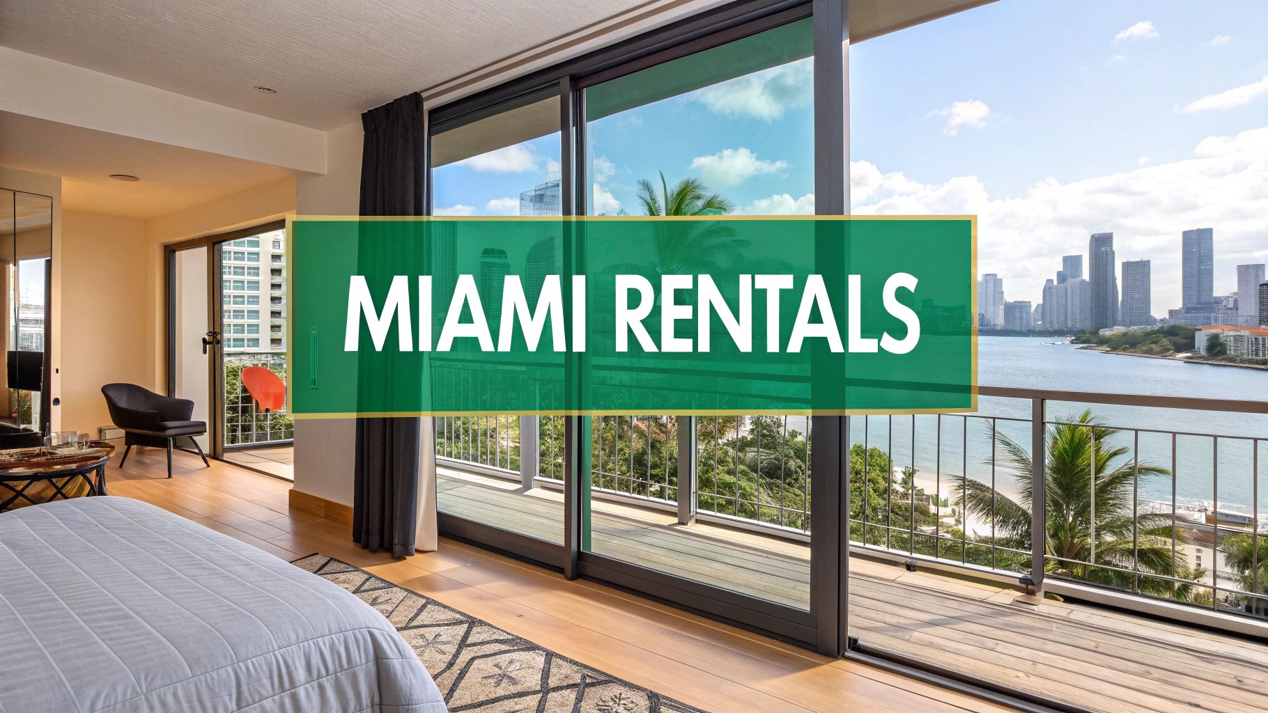 A modern bedroom with floor-to-ceiling windows opens to a balcony overlooking water and the Miami skyline, with the text "MIAMI RENTALS" in bold white letters on a green banner.