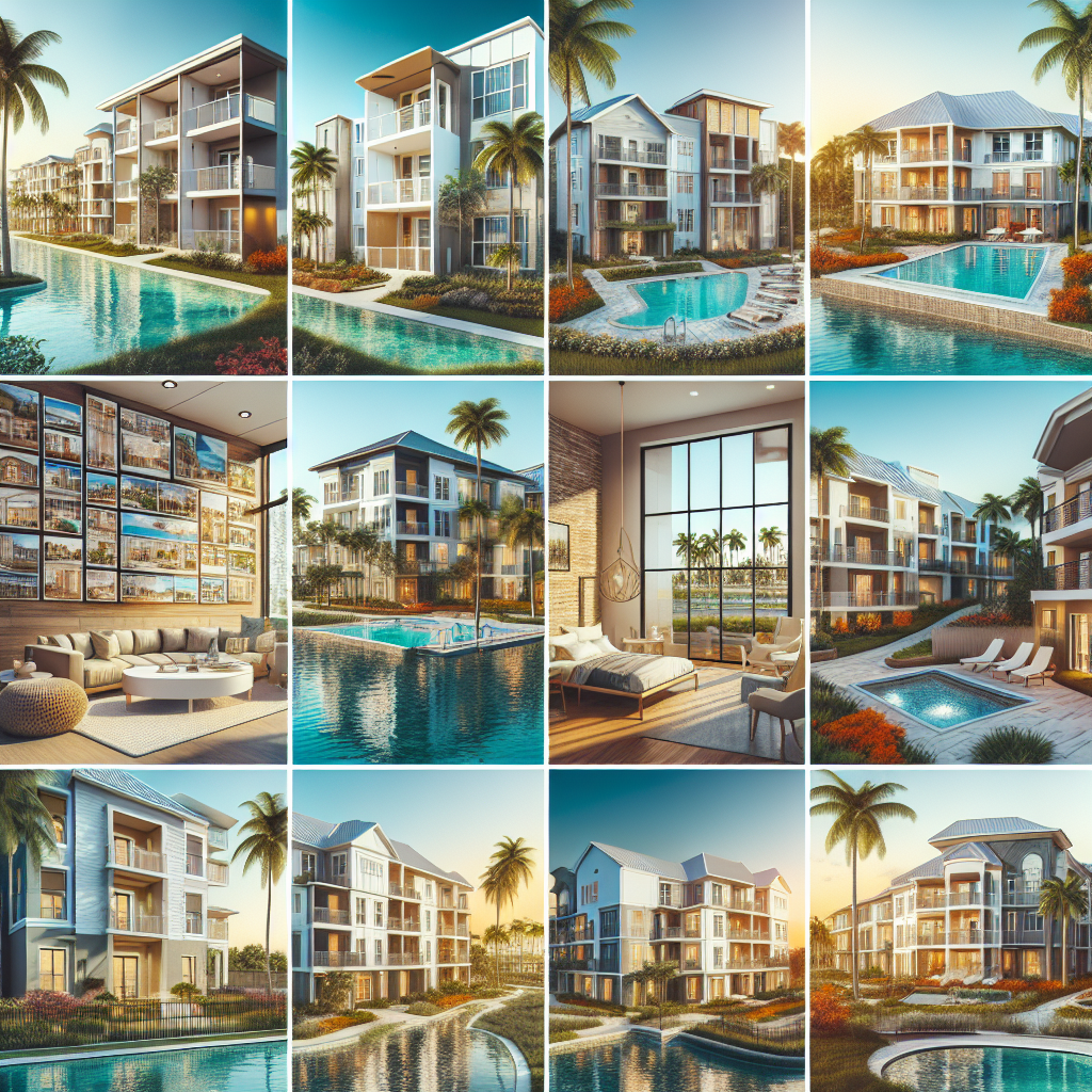 A collage of modern beachfront apartment buildings with large windows, balconies, palm trees, and inviting pools, set against bright, sunny skies, showcasing luxurious coastal living.