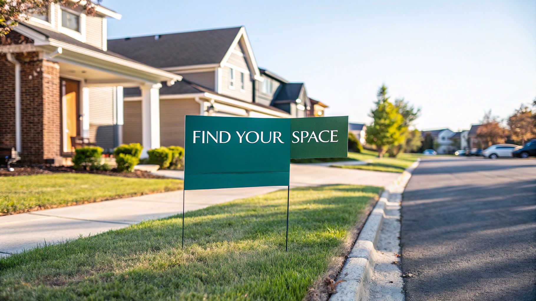 A "Find Your Space" sign stands on a green lawn in front of a row of modern suburban houses along a residential street on a sunny day.