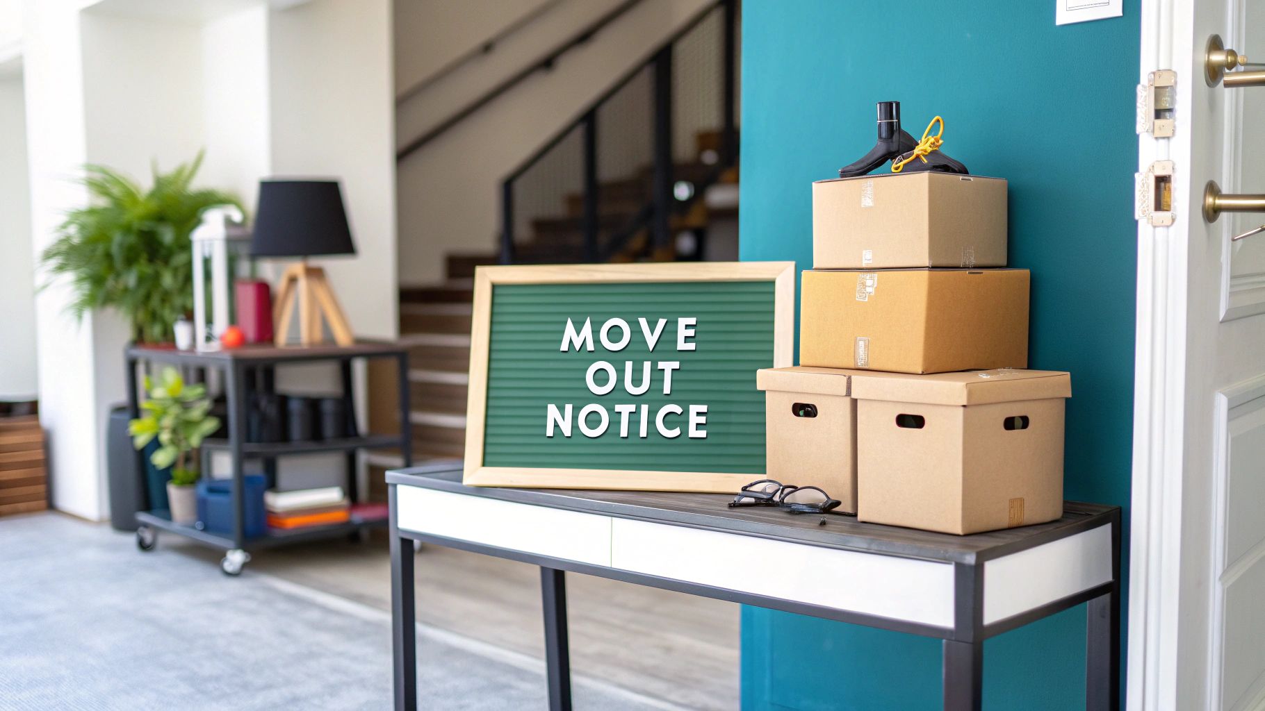 A sign on a table reads “MOVE OUT NOTICE,” next to stacked cardboard boxes, glasses, and a key. In the background are stairs, a green wall, a plant, and shelves, suggesting a home being packed up.