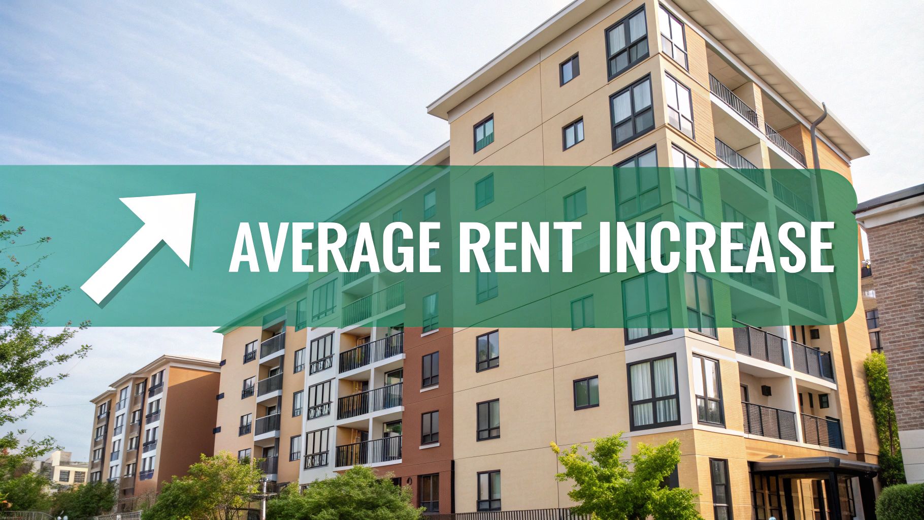 A modern apartment building with a large green banner that reads "AVERAGE RENT INCREASE" and features an upward-pointing arrow, indicating rising rental prices.