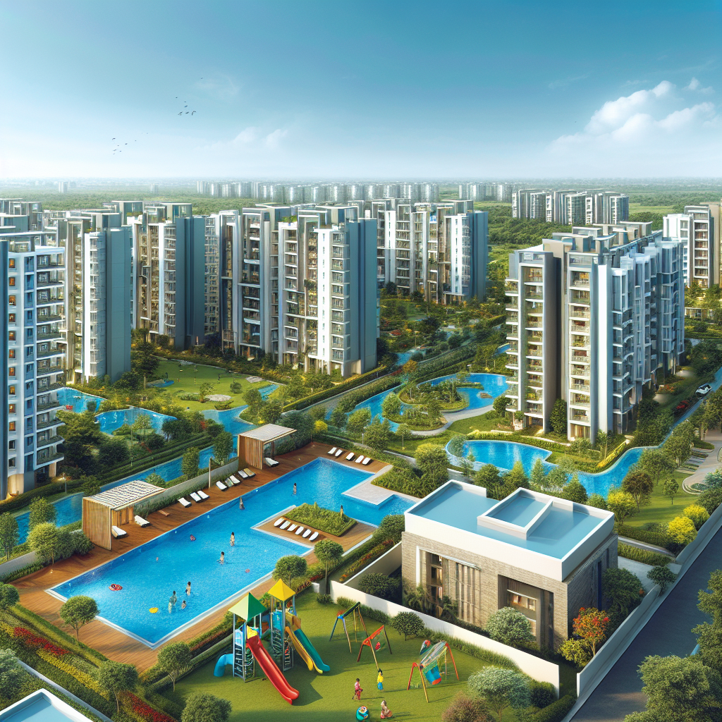 A modern residential complex with several high-rise apartment buildings, a large outdoor swimming pool, playground, landscaped gardens, water features, and trees, all under a bright blue sky.