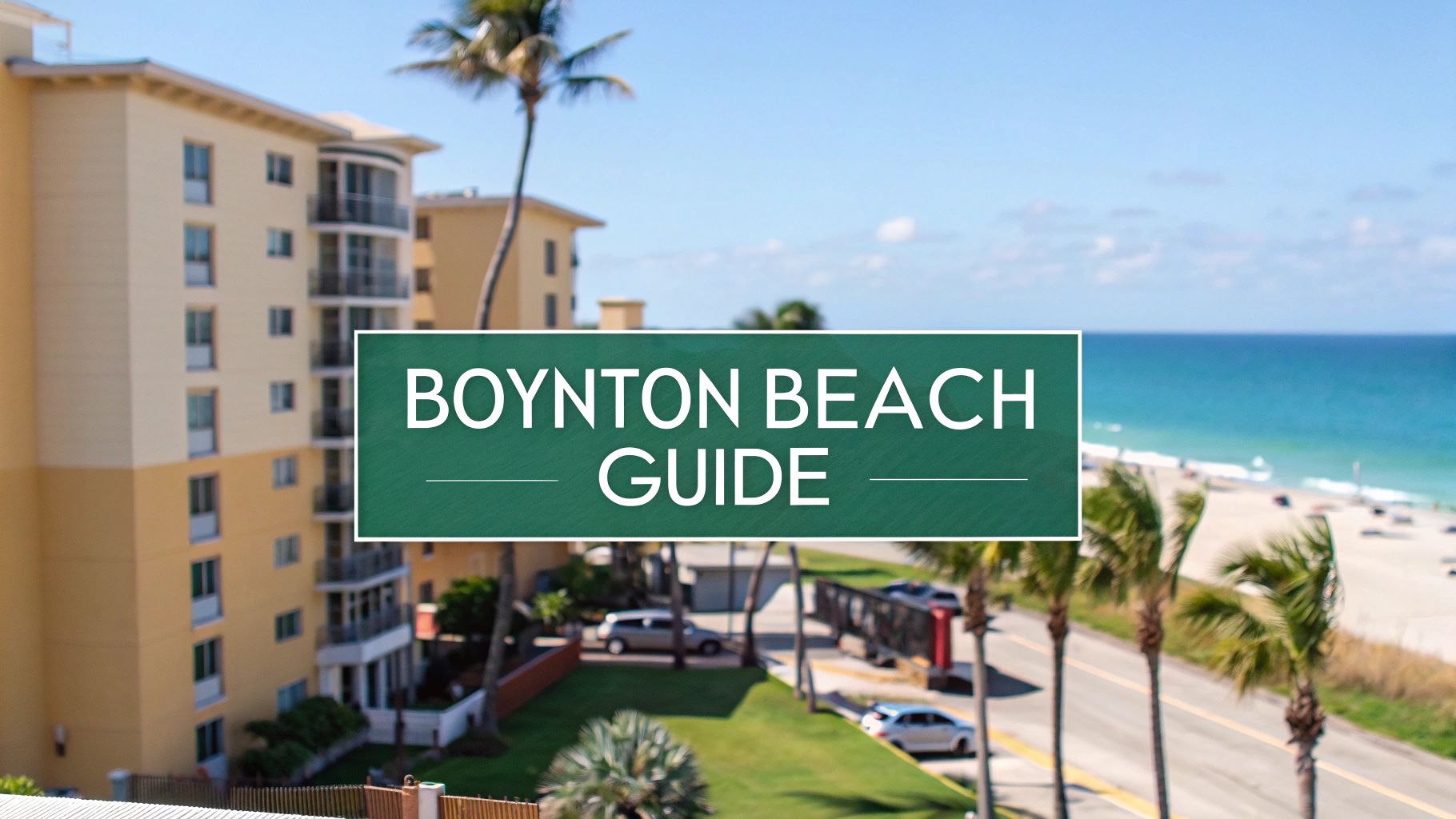 A blurred view of a beachside road, palm trees, and buildings with a clear blue sky and ocean, overlaid with a green sign that reads "Boynton Beach Guide.