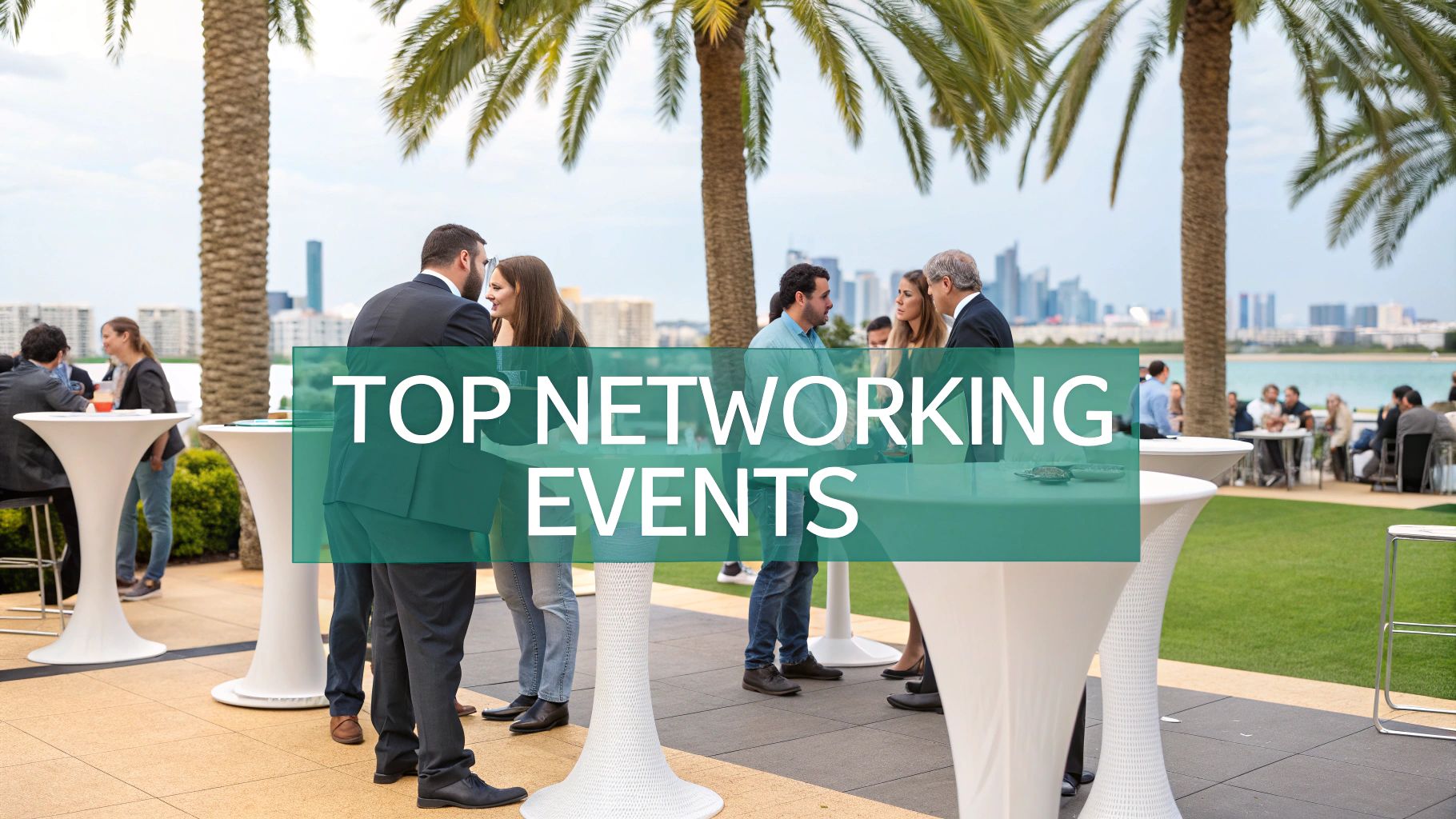 People networking outdoors near tall palm trees and cocktail tables, with a modern city skyline and water in the background. Text overlay reads "Top Networking Events.