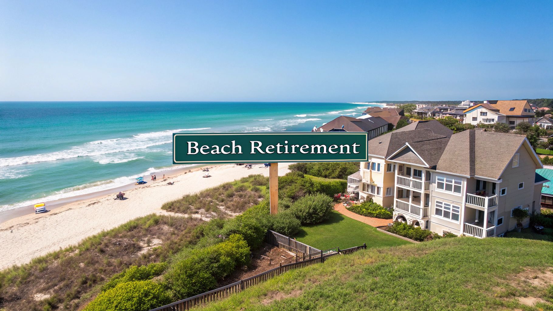 A beachfront neighborhood with white sand, ocean waves, and colorful houses. A large sign reads "Beach Retirement," suggesting a peaceful retirement lifestyle by the sea.