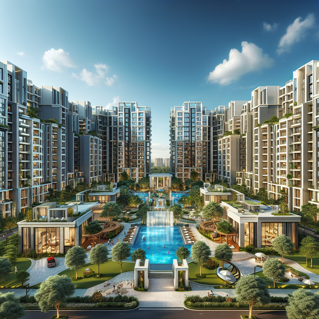 A modern apartment complex surrounds a large central pool with a waterfall, landscaped gardens, and several small pavilions. High-rise buildings encircle the courtyard under a bright blue sky with scattered clouds.