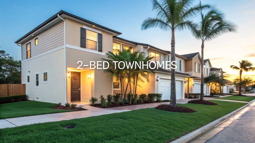 A row of modern two-story townhomes with palm trees, manicured lawns, and a clean sidewalk at sunset. Text overlay reads “2-BED TOWNHOMES.”.