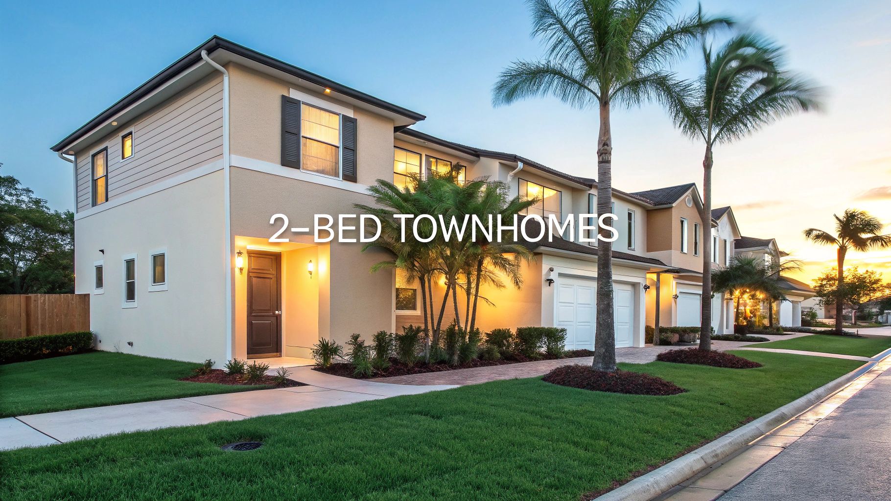 A row of modern two-story townhomes with palm trees, manicured lawns, and a clean sidewalk at sunset. Text overlay reads “2-BED TOWNHOMES.”.