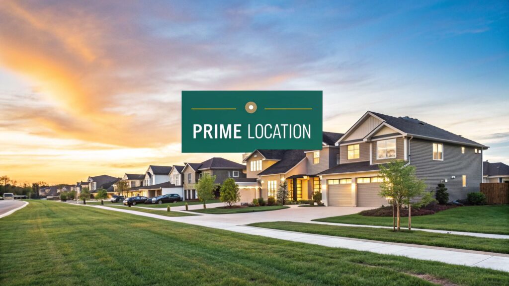 A suburban neighborhood at sunset with modern houses, green lawns, and a clear sky. A sign in the center of the image reads "PRIME LOCATION.