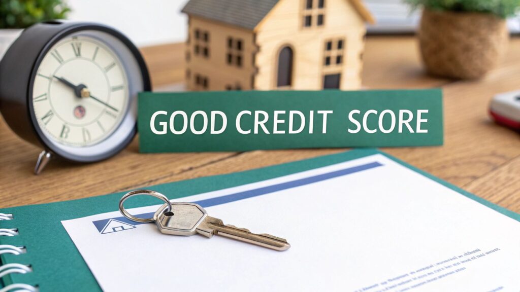 A sign reading "GOOD CREDIT SCORE" is displayed on a desk with a house model, a clock, a key on a document, and a notebook, symbolizing financial stability and home ownership.
