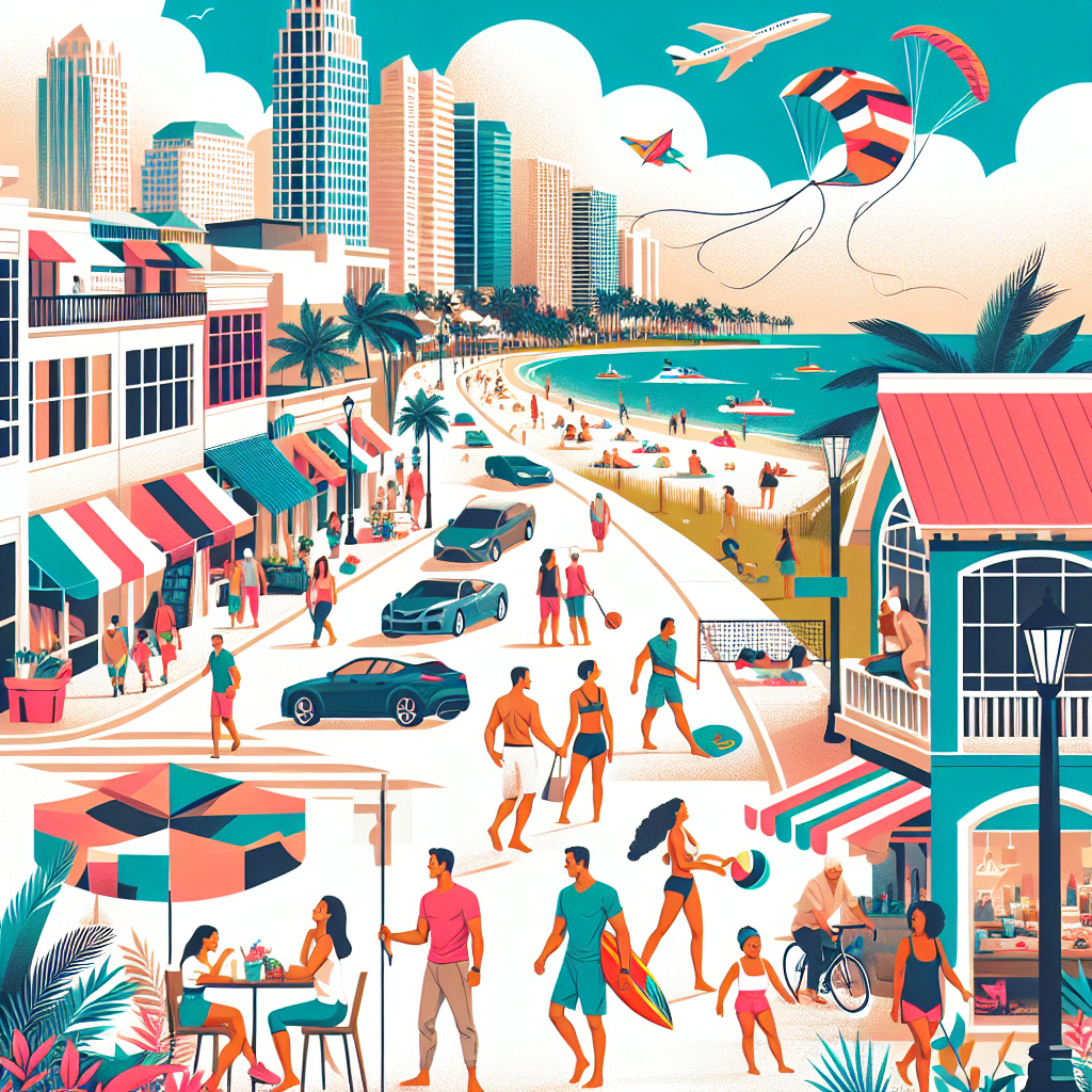 A lively beachfront city scene with people walking, cycling, and relaxing near shops and cafes. The beach is busy with swimmers and surfers, while planes and kites fly above. Tall buildings and palm trees line the background.
