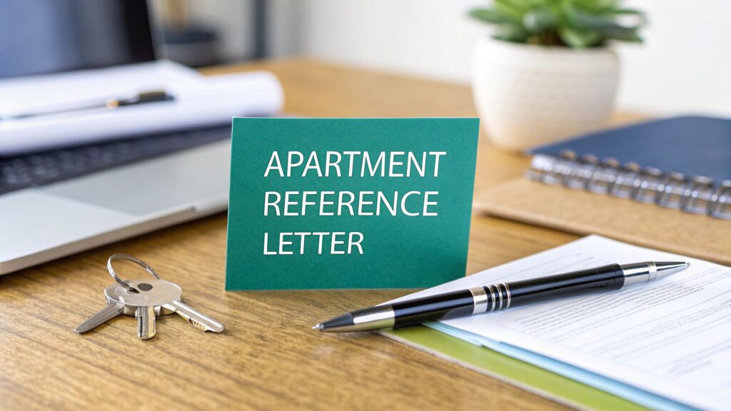 A card labeled "Apartment Reference Letter" sits on a desk next to a pen, a set of keys, documents, a laptop, and a potted plant in the background.