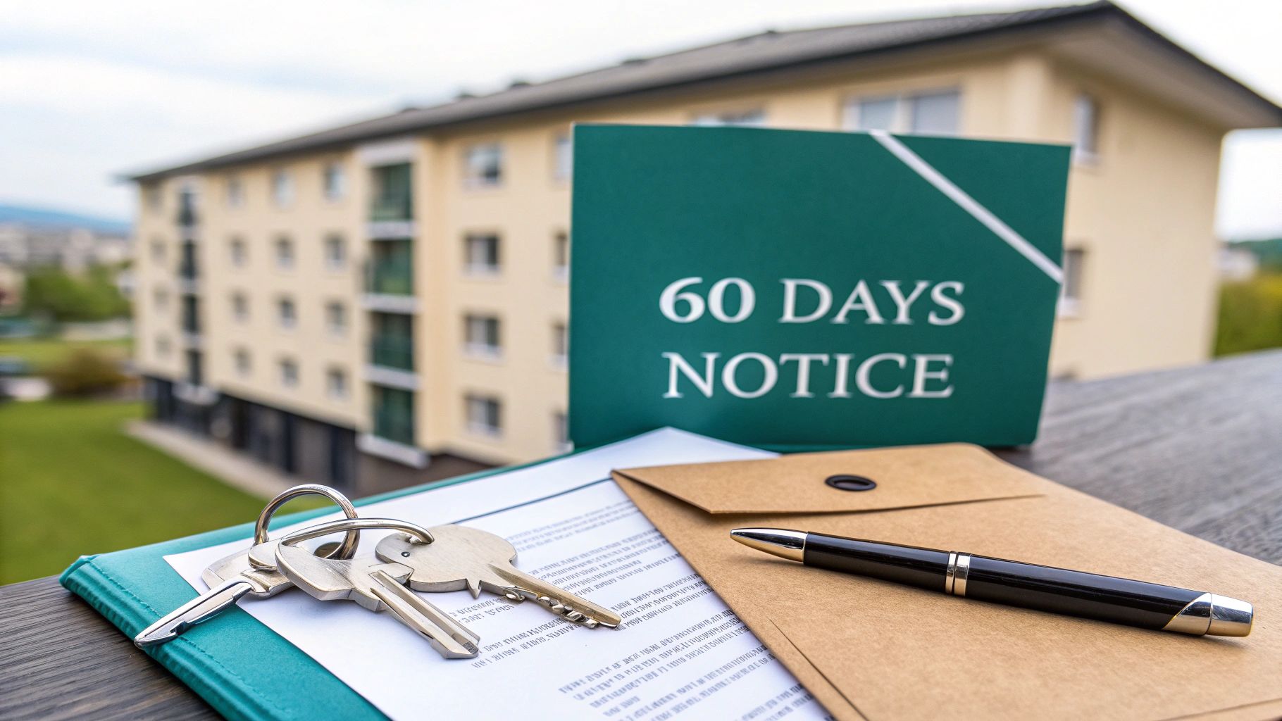 A set of house keys, a pen, and an envelope rest on a document next to a green sign reading "60 DAYS NOTICE," with an apartment building visible in the background.