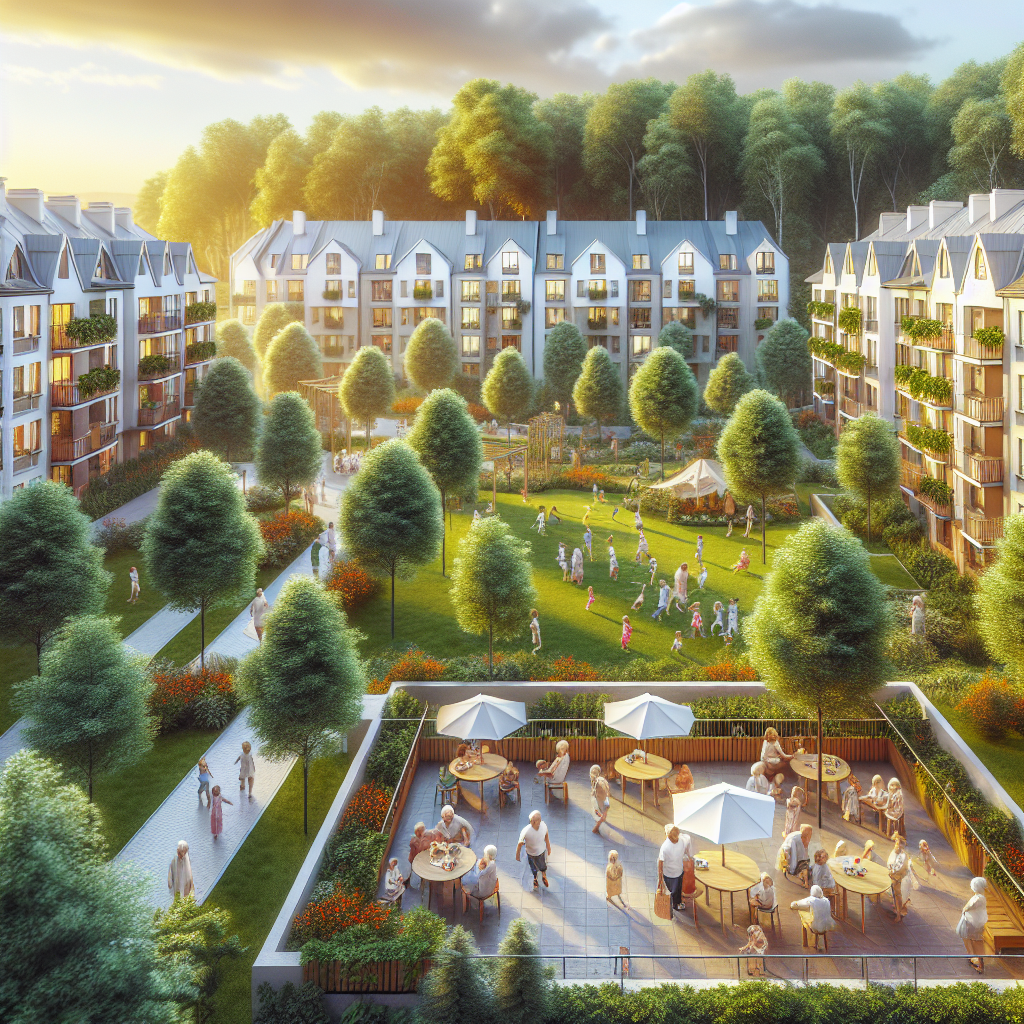 A sunny residential complex features modern apartment buildings, lush trees, a large grassy courtyard where people play and walk, and an outdoor patio with tables, umbrellas, and groups of people socializing.