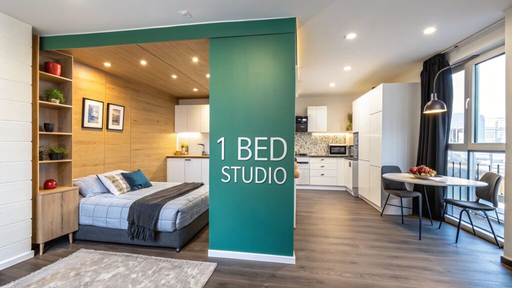 Modern one-bedroom studio apartment with a bed, open shelves, kitchen area, dining table, large windows with city view, and the words "1 BED STUDIO" on a green accent wall.