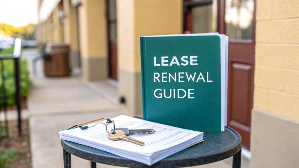 A book titled "LEASE RENEWAL GUIDE" is standing on an outdoor table next to documents, a pen, and a set of keys, with a building in the background.