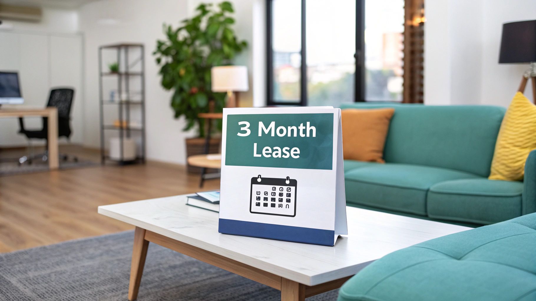 A sign on a coffee table in a modern living room reads "3 Month Lease" above a calendar icon. The room features a teal sofa, yellow cushions, plants, and large windows letting in natural light.