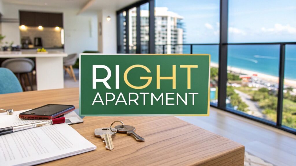A set of keys, documents, and a smartphone rest on a table in a modern apartment with floor-to-ceiling windows overlooking the ocean. The words "RIGHT APARTMENT" are overlaid in bold text.